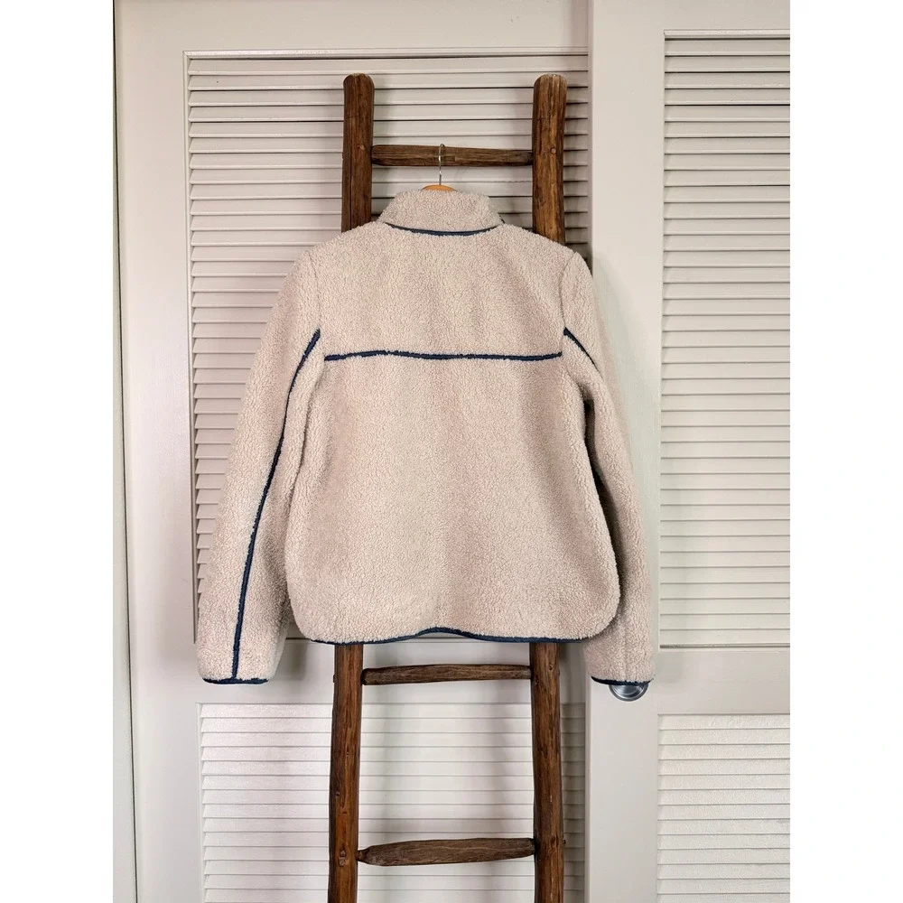 Anthropologie Sherpa Fleece Jacket‎ Small Cream Navy Blue Piping Mock Neck